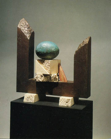 Archaeo-Tectonic 89-90-III / Travertine, cast bronze, and brass / 27" x 24" x 10" / 1989-90 : 1980s : Salvatore Pecoraro - Painter and Sculptor