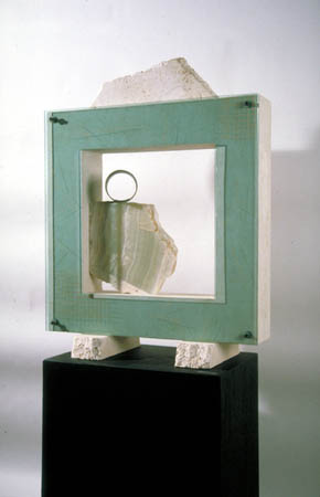 Archaeo-Tectonic 90-VI / Cast stone, onyx, copper, plexiglass, travertine, copper  / 32" x 28" x 9 1/2" / 1990 : 1990s : Salvatore Pecoraro - Painter and Sculptor