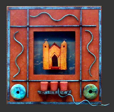 Santo Niño No. 3 / Acrylic paint on wood panel, ink jet photo on acrylic emulsion, copper tubing, candles / 22" x 22" x 4 1/2" /  2003 : 2000s : Salvatore Pecoraro - Painter and Sculptor